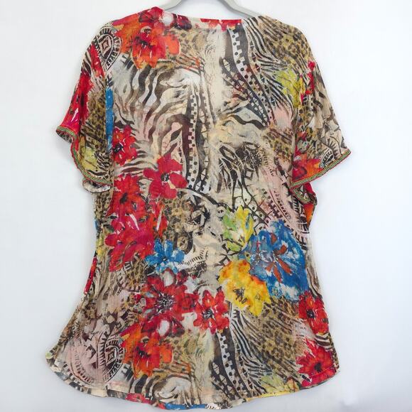 Chicos Tunic Top Mix Print Silk Beaded Women 14 Colorful Sheer Artsy Boho Whimsy - Picture 2 of 12